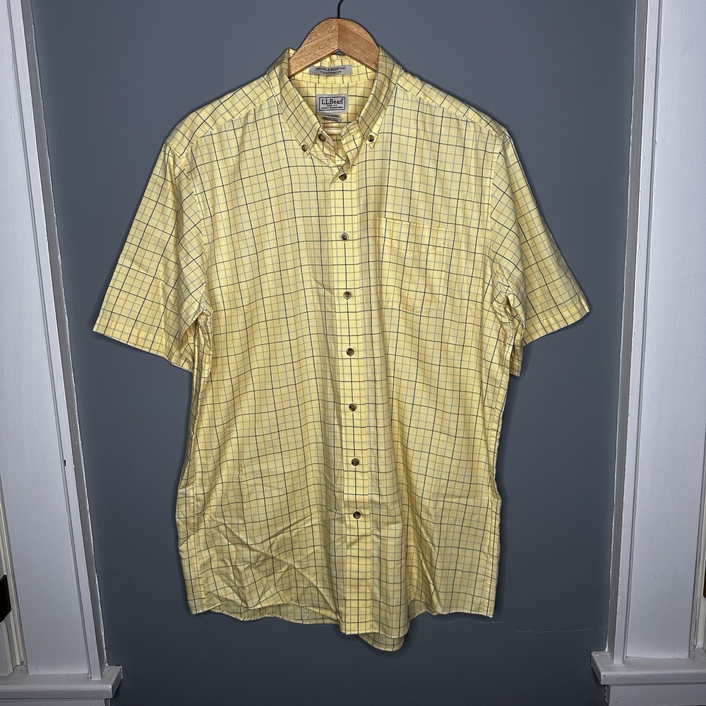 LL Bean Mens Wrinkle Resistant Shirt Plaid Light Yellow Blue‎ Short Sleeve LT